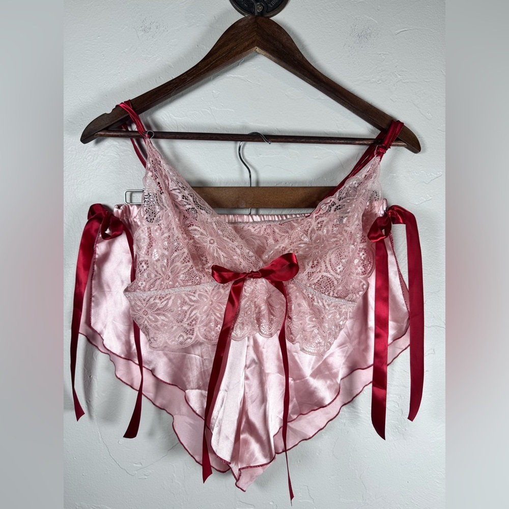 SHEIN Pink Satin Shorts and‎ Bralette Chemise with Red Bows Size Large